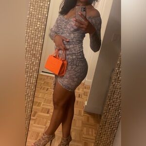 Pretty Little Thing Off Shoulder Ruched Slinky Snake Print Dress